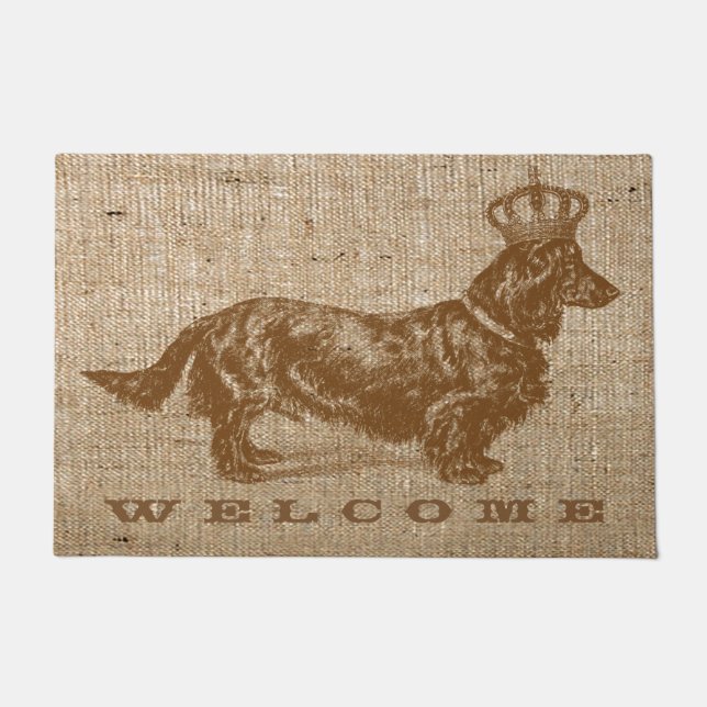 Langhaariger Daschund Dog W/Crown Vintag Fußmatte (Vorderseite)