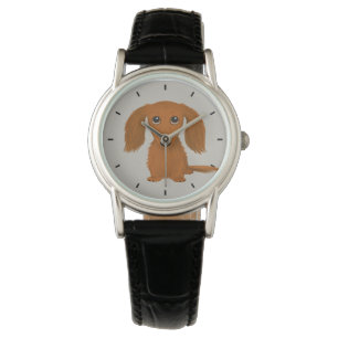 Langhaariger roter Dackel-Cartoon-Hund der Armbanduhr