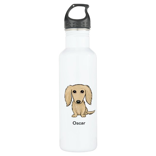 Langhaariger SahneDackel-Hund personalisiert Edelstahlflasche (Vorderseite)