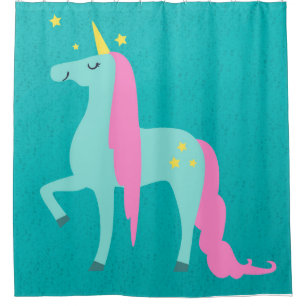 Langhaariges Einhorn am grünen Duschvorhang