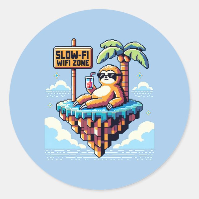 Langsame WiFi Zone - Funny Pixel Art Sloth Urlaub Runder Aufkleber (Vorderseite)