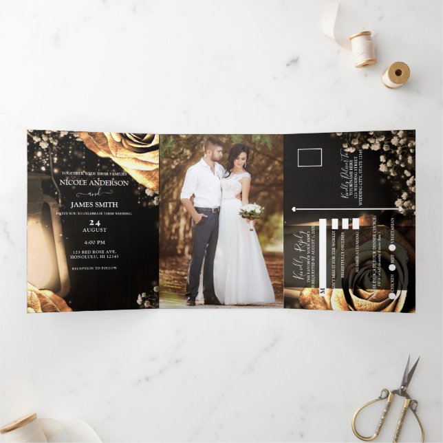 Lantern & Gold Rose Romantische rustikale Hochzeit Dreifach Gefaltete Einladung (Innenseite)