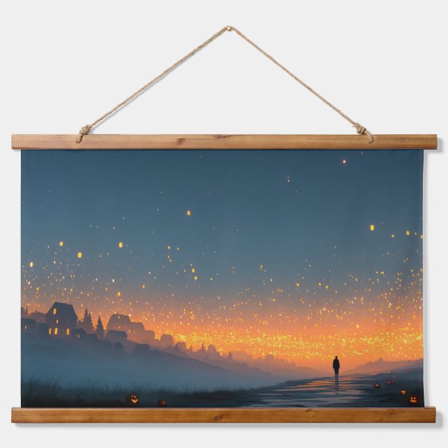 Lantern Sky – Magical Halloween Night Wall Poster Wandteppich Mit Holzrahmen (Vorne)