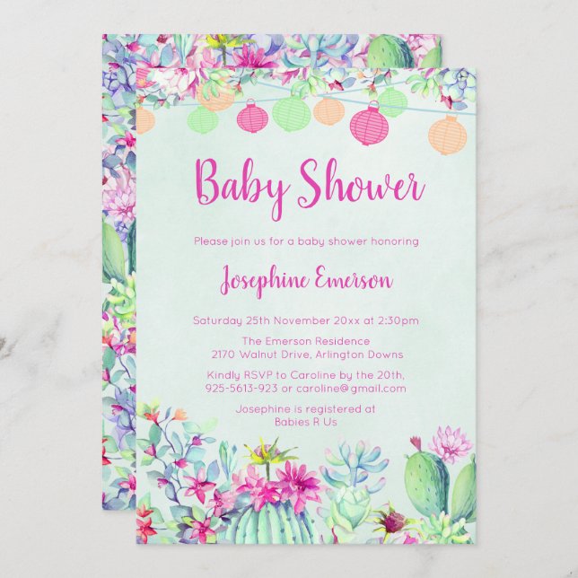 Lanternes & Cactus Baby Shower Invitations (Devant / Derrière)