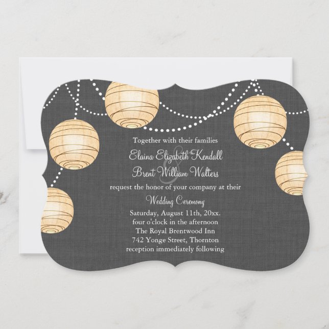 Lanterns on Grey Burlap Wedding Einladung 2 (Vorderseite)