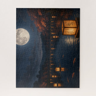 Lanterns on the River Beneath the Full Moon