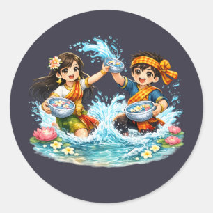Lao Neujahrs-Wasserfest Kinder – Pi Mai Lao Spla Runder Aufkleber