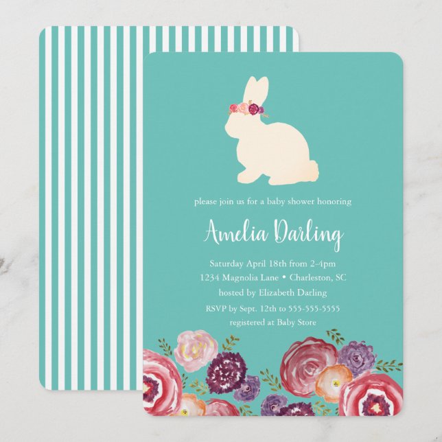 Lapin avec Fleurs Baby shower Headband Invitation (Devant / Derrière)