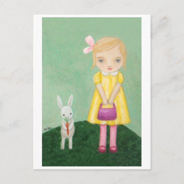 Lapin blanc avec carte fille robe jaune avec lapin (Devant)