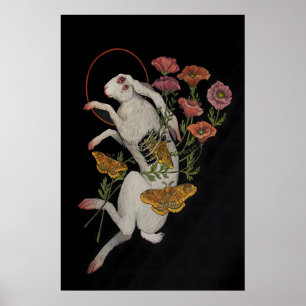 Lapin Blanc avec fleurs de Pavot- Impression Gicle