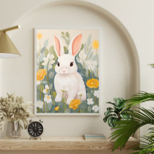 Lapin Blanc Parmi Les Fleurs De Printemps Affiche