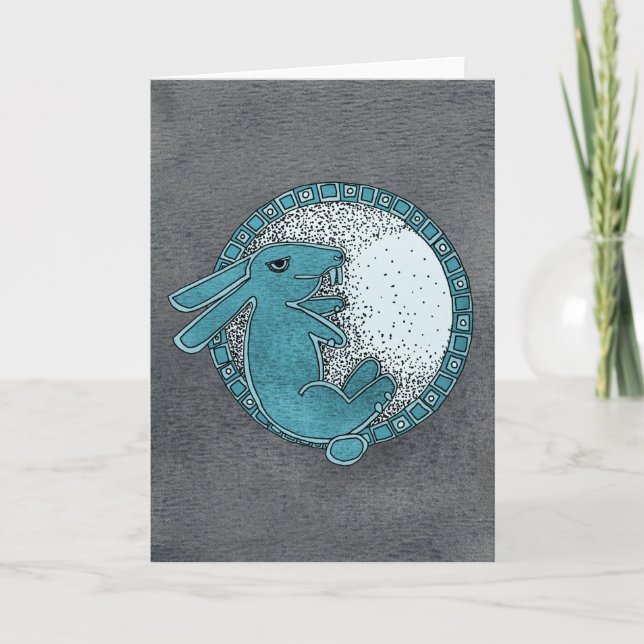 Lapin dans la carte de voeux de lune (bleue) (Devant)
