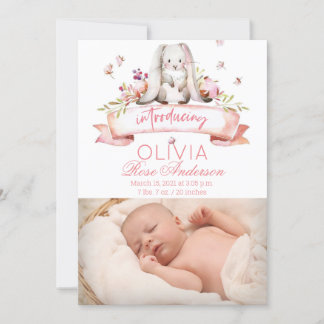Lapin Faire-part de naissance fille aquarelle