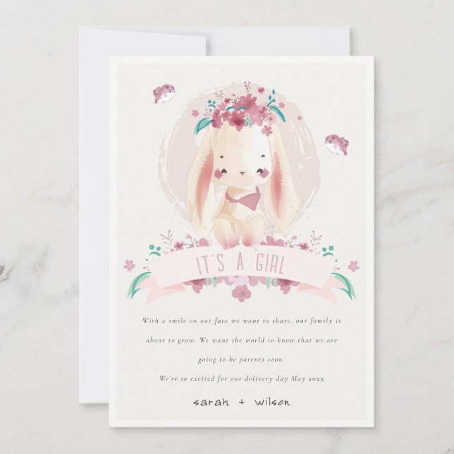 Lapin Floral Rose & Oiseaux Baby Girl Faire-part (Devant)