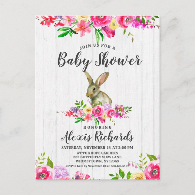 Lapin Lapin Floral Baby Girl Douche Invitation (Devant)