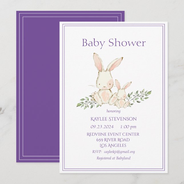 Lapin Lapin Purple Moderne Baby shower Invitation (Devant / Derrière)