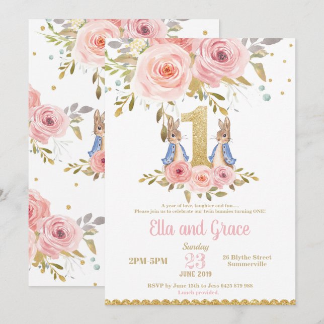 Lapin Lapin Twin Girls 1er Invitation anniversaire (Devant / Derrière)