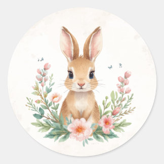 Lapin Mignon avec Fleurs Autocollant Rond | Printe