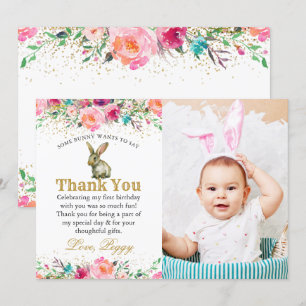 Lapin rose Floral Anniversaire Photo Carte de reme