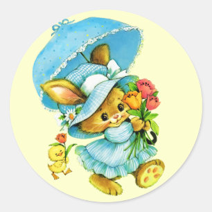 Lapin vintage de Pâques et poussin. Autocollants c