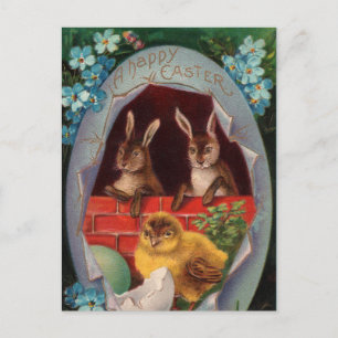 Lapins de Pâques et Carte Postale Ancienne Poussin