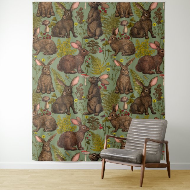 Lapins et flore boisée Tapisserie (En situation)