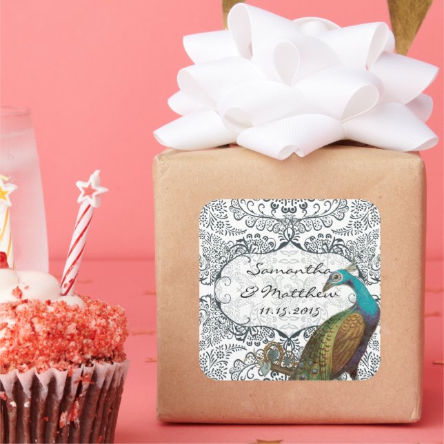 Lapis Blue Peacock Love Bird Wedding Siegel Quadratischer Aufkleber (Party)