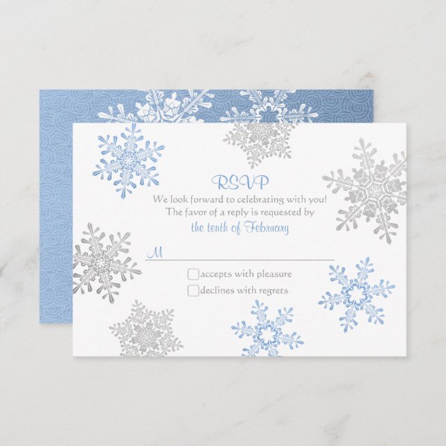 Lapis Blue Silver Snowflake Hiver Mariage RSVP (Devant / Derrière)