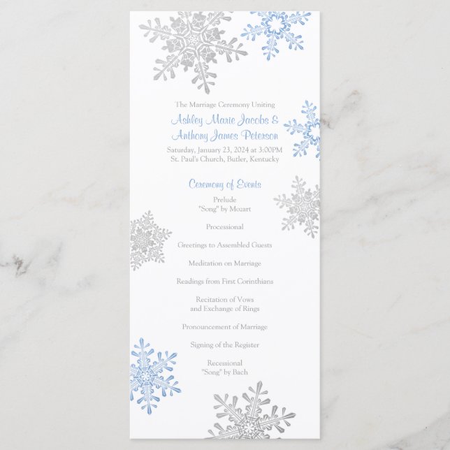Lapis Blue Silver Snowflake Winter Wedding Program Programm (Vorderseite)