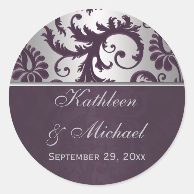 Lapis Lila & Silver Gray Damask Hochzeitsticker Runder Aufkleber (Vorderseite)