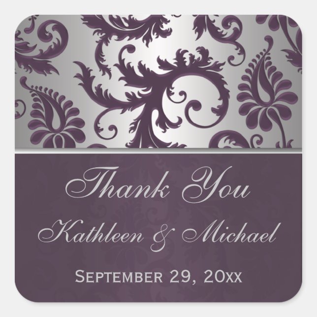 Lapis Lila & Silver Gray Damask Wedding Gefallen Quadratischer Aufkleber (Vorderseite)