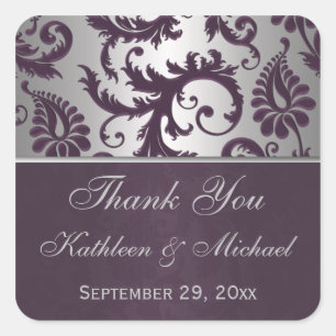 Lapis Lila & Silver Gray Damask Wedding Gefallen Quadratischer Aufkleber