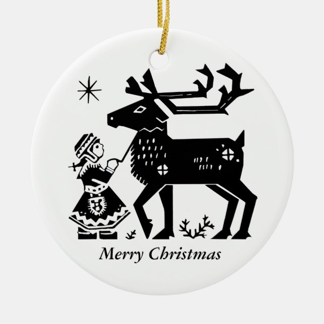 Lappland-Mädchen hält Ren-Weihnachtsdekoration Keramik Ornament (Vorne)