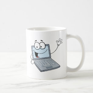 Laptop-Cartoon-Charakter, der einen Gruß Kaffeetasse