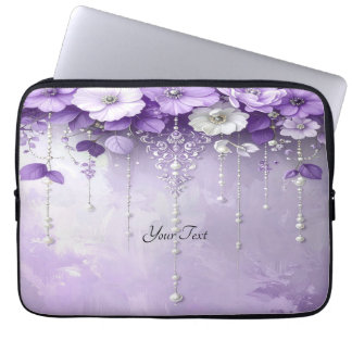 Laptop-Hülle mit lila Blumen und baumelnden Perlen Laptopschutzhülle