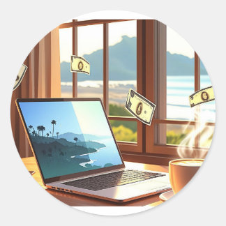 Laptop & Latte Lifestyle - Arbeit, Sip, Erfolg! ☕ Runder Aufkleber