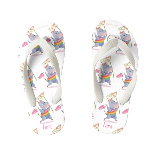 Lara - Regenbogen Hippo Glück - Kinder Flip Flops (Fußbett)