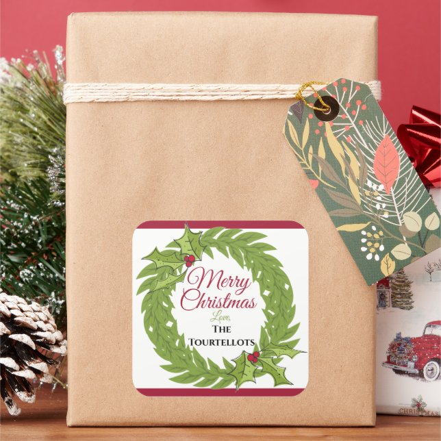 Large 3-Inch Personalized Christmas Wreath Square Quadratischer Aufkleber (Feiertag)