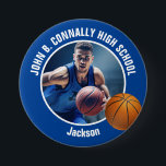 Large Blue High School Basketball Player Photo Button<br><div class="desc">This cool customized high school basketball player photo gift features white typography of your team and player name on a large blue button with a ball. Personalize with your student's photograph and class year as a proud sports parent. A mom and dad can wear these buttons to sports games.</div>