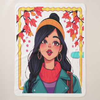 Large Cozy Autumn Girl Fleece Blanket – Oversized  Sherpadecke