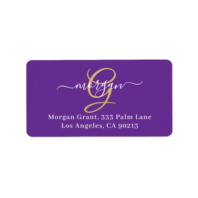 Large Gold Monogram, White Script Name, Purple Adressaufkleber (Vorne)