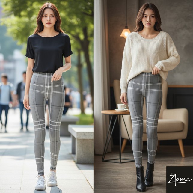 Large Grayscale White Line Tartan Plaid Leggings (Von Creator hochgeladen)