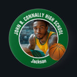 Large Green High School Basketball Player Photo Button<br><div class="desc">This cool customized high school basketball player photo gift features white typography of your team and player name on a large green button with a ball. Personalize with your student's photograph and class year as a proud sports parent. A mom and dad can wear these buttons to sports games.</div>