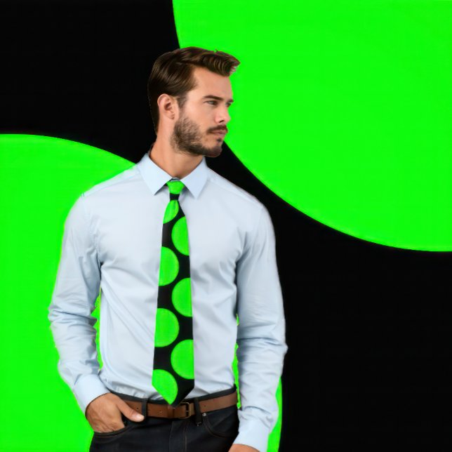 Large Neon Green Dots on Black Background Tie Krawatte (Man wears a necktie with large neon green polka dots on black.)
