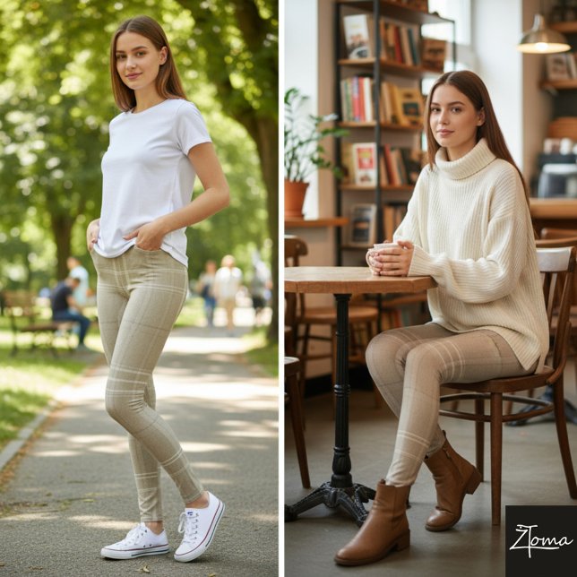 Large Neutral Light Taupe Wool Tartan Leggings (Von Creator hochgeladen)