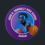 Large Purple High School Basketball Player Photo Button<br><div class="desc">This cool customized high school basketball player photo gift features white typography of your team and player name on a large purple button with a ball. Personalize with your student's photograph and class year as a proud sports parent. A mom and dad can wear these buttons to sports games.</div>