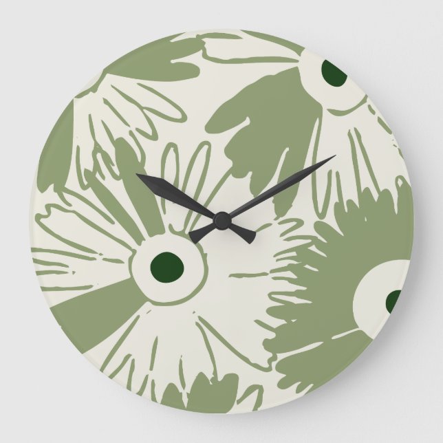 Large Retro Daisy Flower Power Olive Green Große Wanduhr (Vorderseite)