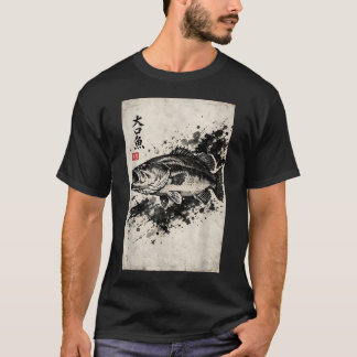 Largemouth-Barsch-Fischerei Gyotaku-Druck japanisc T-Shirt