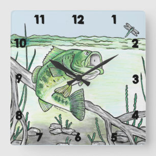 Largemouth Bass Fish after Dragonfly Fishing Quadratische Wanduhr