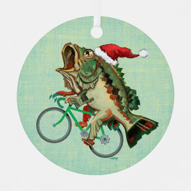Largemouth Bass Reiten mit Weihnachtsmannmütze Ornament Aus Metall (Vorderseite)